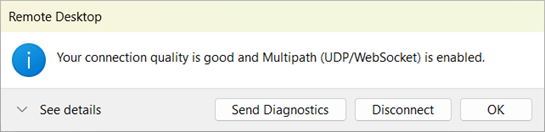 Remote Desktop connection dialog showing Multipath UDP/WebSocket enabled status